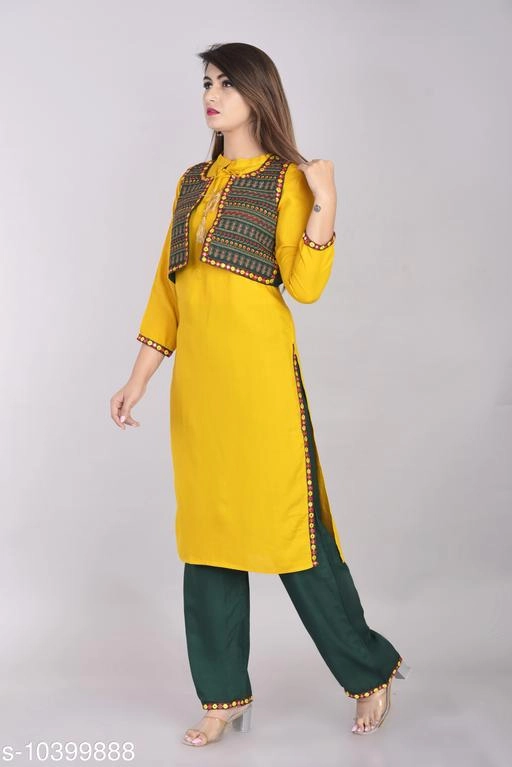 Rayon Slub Solid Kurti with Palazzo for Women (Yellow, M)