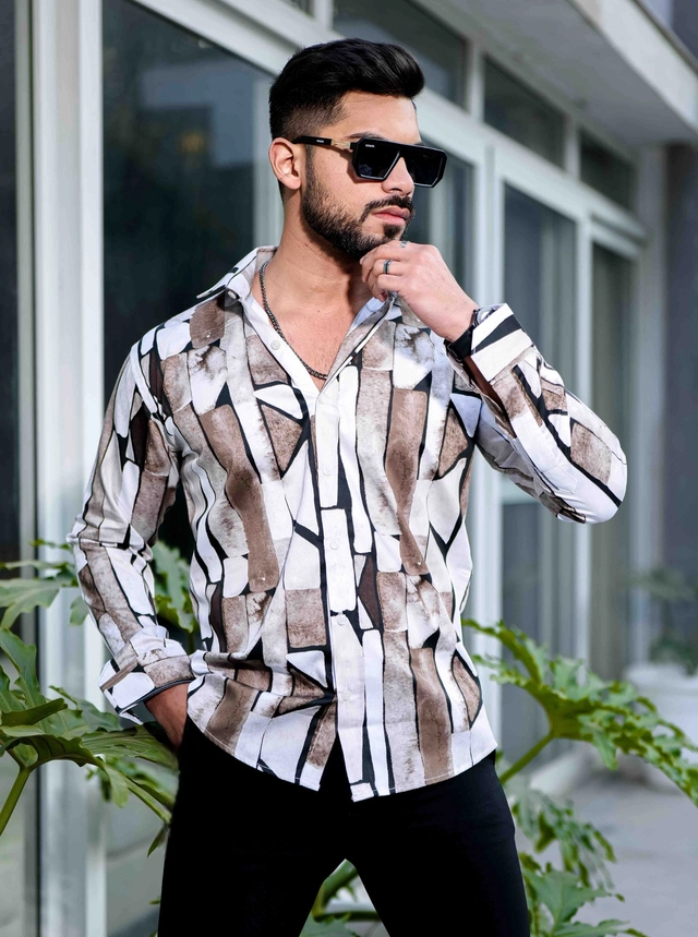 Full Sleeves Printed Shirt for Men (Brown & White, S)