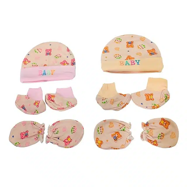 Cotton Printed Cap, Mittens & Booties for New Born Baby (Multicolor, Set of 6)