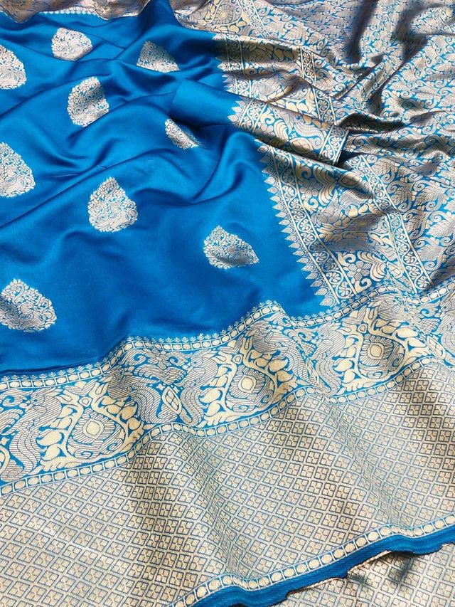 Traditional Banarasi Silk Saree With Unstitched Blouse (Blue, 5.5 m)
