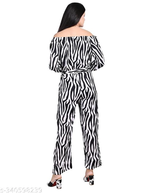 Crepe Printed Jumpsuit for Women & Girls (White & Black, S)