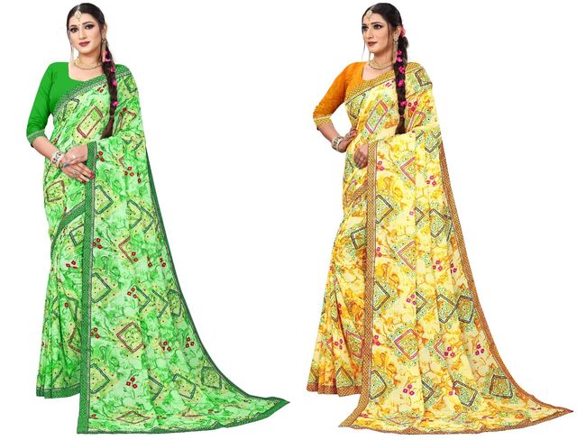 फैंसी विमेंस जॉर्जेट फ्लावर प्रिंटेड साड़ी (पैक ऑफ़ 2) (मल्टीकलर) (A-54)