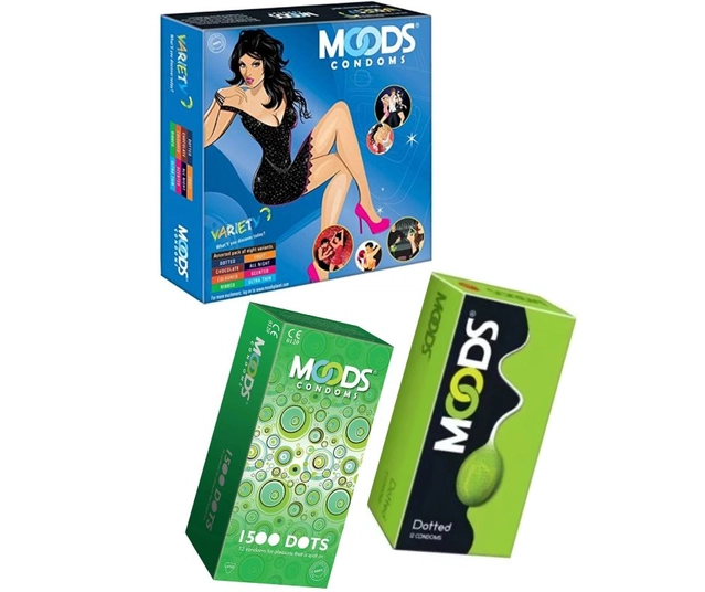 Moods 1500 Dots (2x12 Pcs) & Variety (16 Pcs) Dotted Condoms for Men (Set of 3)