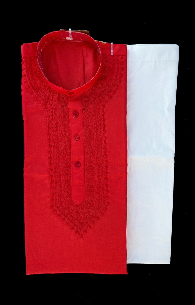 Cotton Embroidered Kurta with Pyjama for Men (Red & White, M)