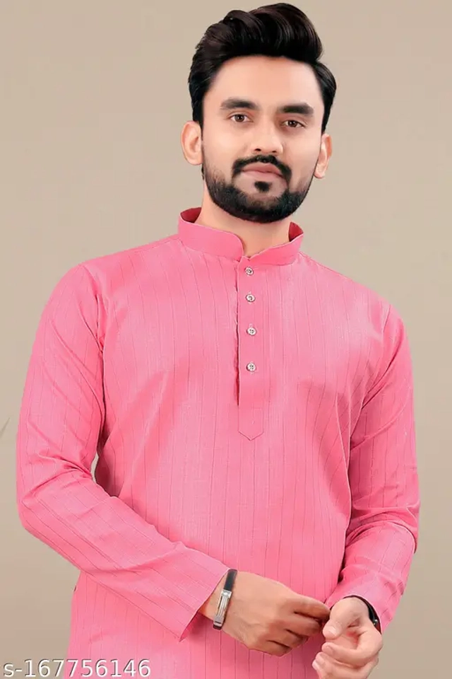 Cotton Blend Striped Kurta with Pyjama for Men (Pink & White, S)