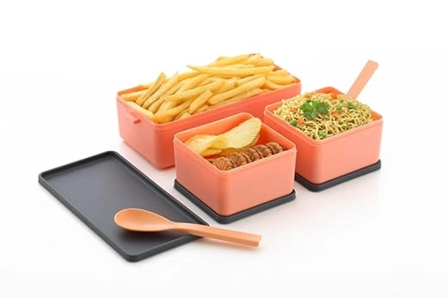 Plastic 3-in-1 Compartment Lunch Box with Spoon & Fork (Pink, 1500 ml)