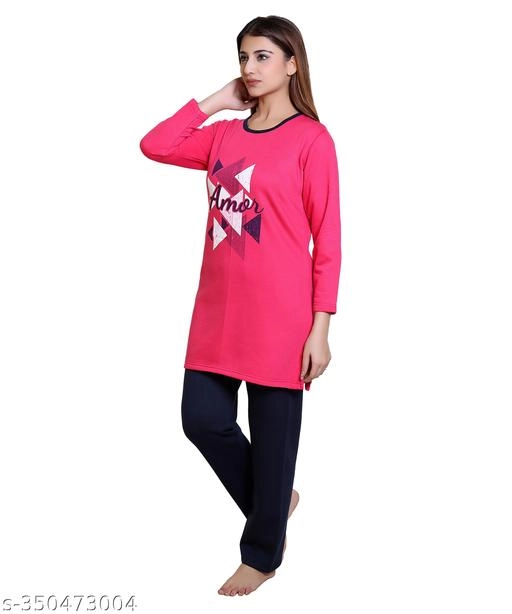 Wool Nightsuit for Women (Dark Pink & Blue, M)