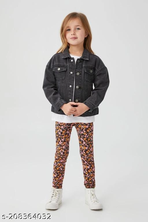 Denim Solid Jacket for Girls (Black, 5-6 Years)