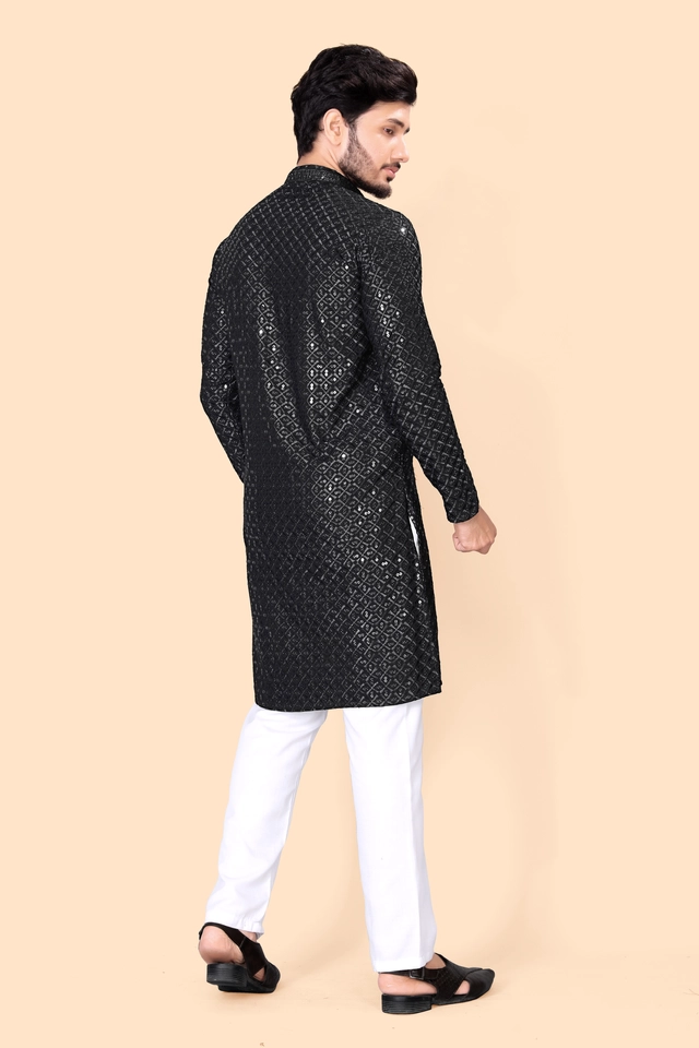 Cotton Blend Embroidered Kurta for Men (Black, S)