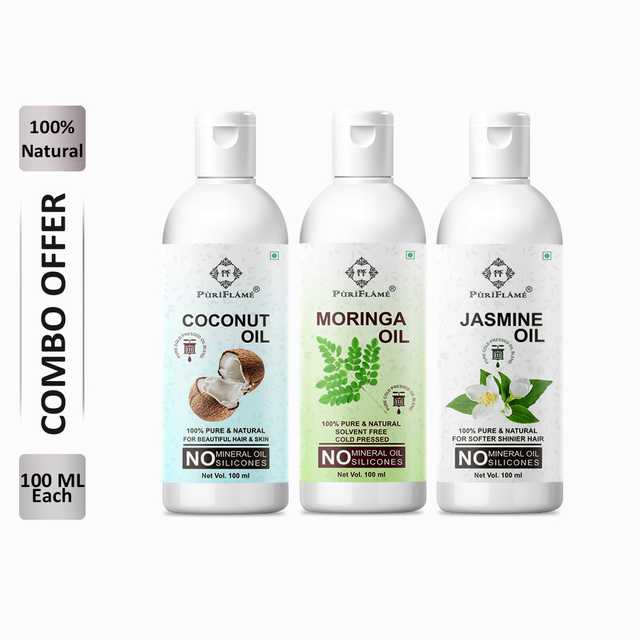 PuriFlame Pure Coconut Oil (100 ml) & Moringa Oil (100 ml) & Jasmine Oil (100 ml) Combo For Rapid Hair Growth (Pack Of 3) (B-3825)