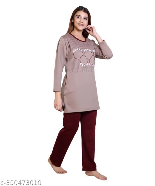 Wool Nightsuit for Women (Grey & Maroon, M)