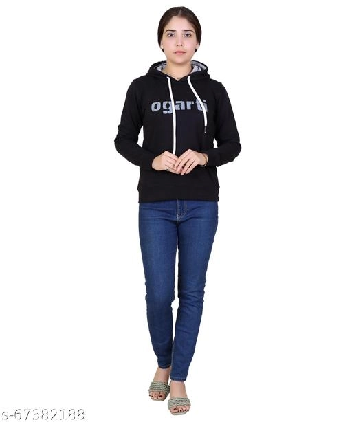 Cotton Blend Printed Hoodie for Women (Black, M)