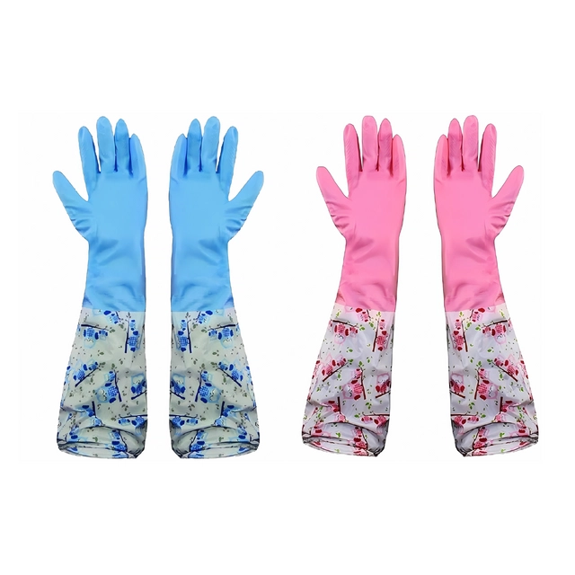 PVC Latex Kitchen Dishwashing Cleaning Gloves (Multicolor, Set of 2)