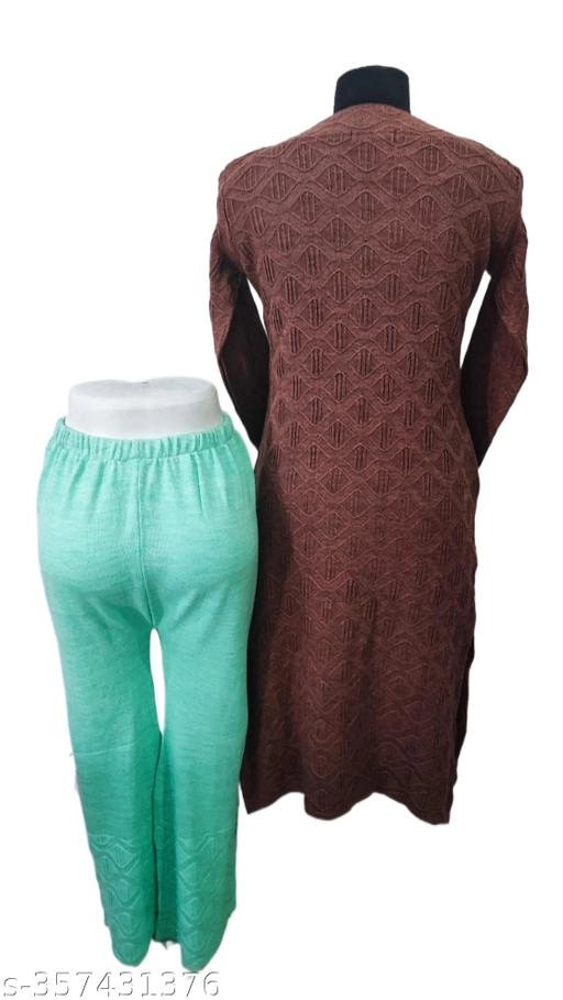 Woolen Printed Kurta with Pant & Dupatta for Women (Sky Blue & Maroon, Free Size)