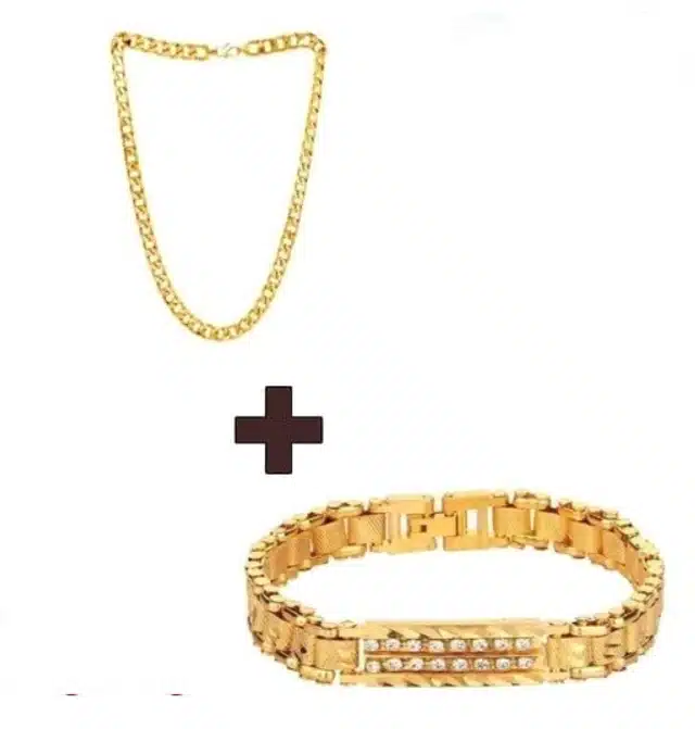 Designer Chain with Bracelet for Men & Boys (Gold, Set of 2)