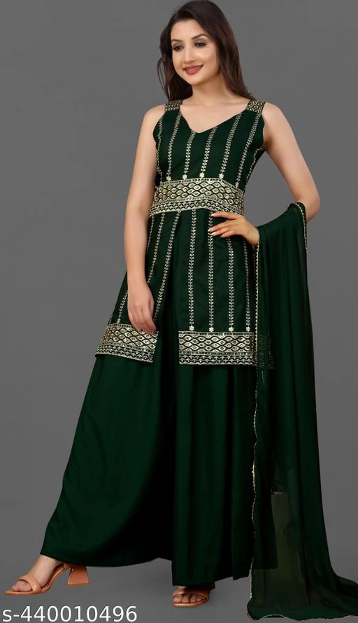 Rayon Embroidered Kurti with Sharara & Dupatta for Women (Green, S)