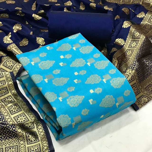 Textile Catalog Banarasi silk Unstitched Dress Material For Womens (Blue) (T-282)