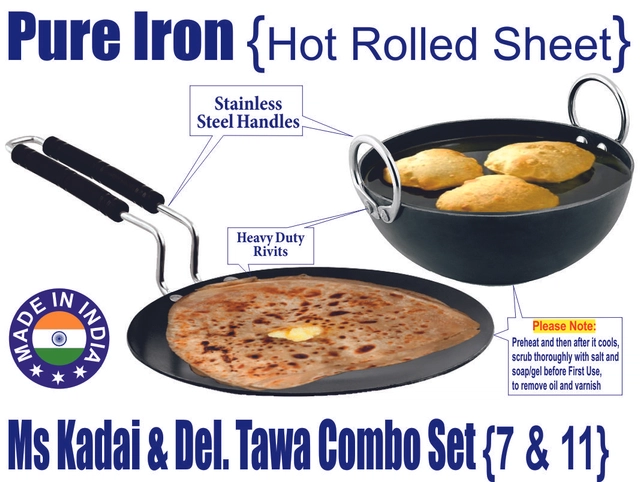 Iron Non Coated Kadai (0.75 L) & Tawa (Black, Set of 2)