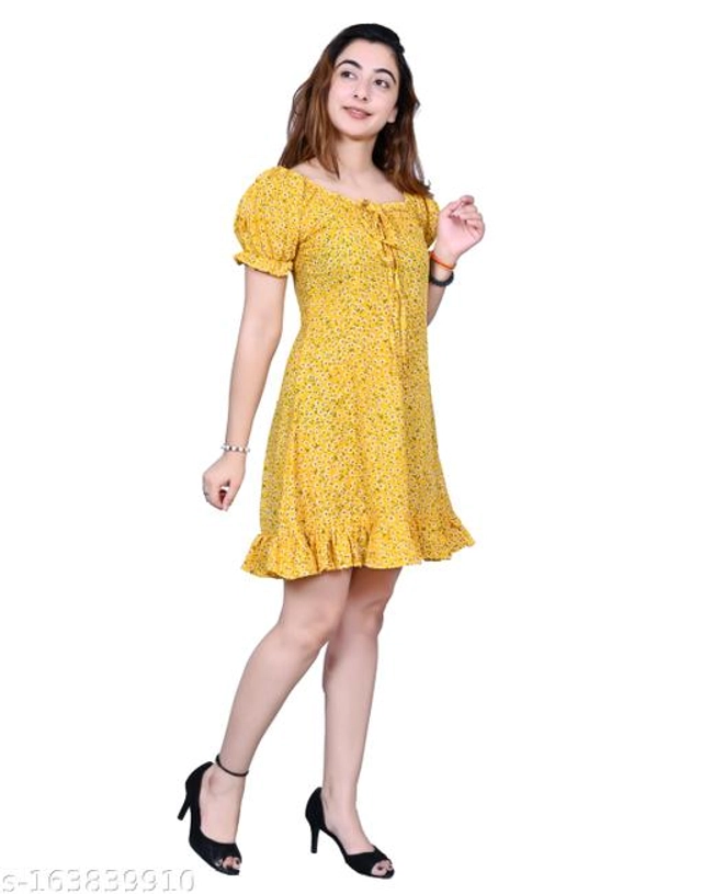 Crape Dress for Women (Yellow, S)