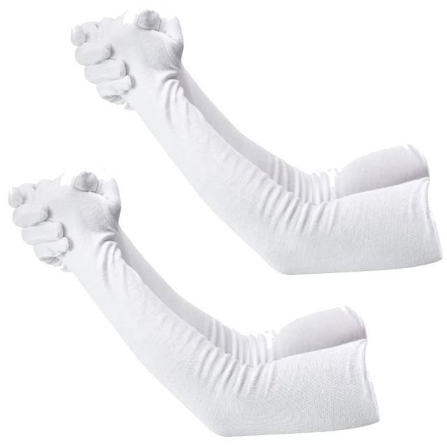 Cotton Solid Full Hand Gloves for Men & Women (White, Set of 2)