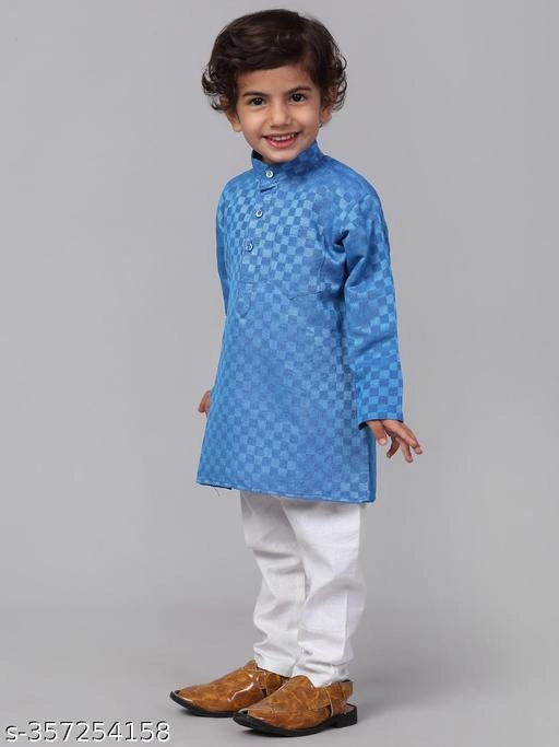 Cotton Blend Kurta with Pyjama for Boys (Blue & White, 9-12 Months)