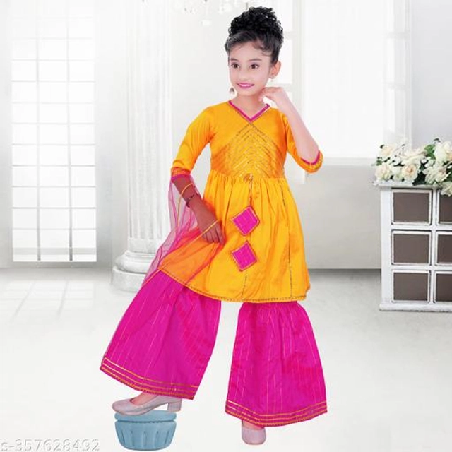 Poly Silk Kurta Sets for Girls (Yellow & Pink, 2-3 Years)