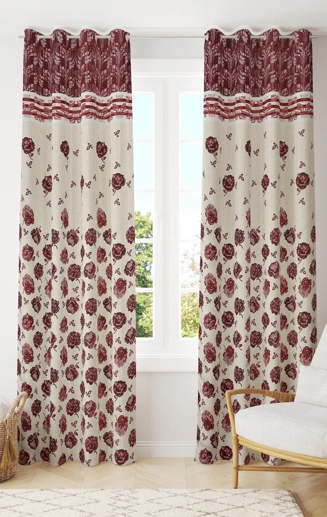 Jacquard Printed Window & Door Curtains (Maroon, 5 feet) (Pack of 2)