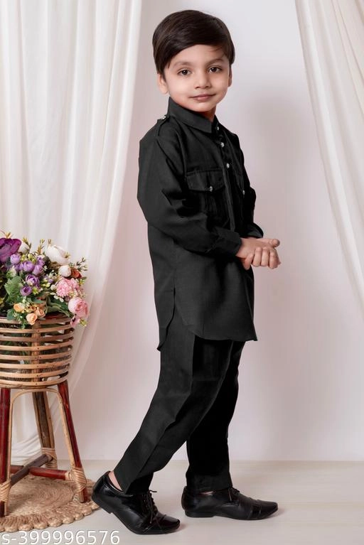 Cotton Solid Kurta with Pyjama for Boys (Black, 1-2 Years)