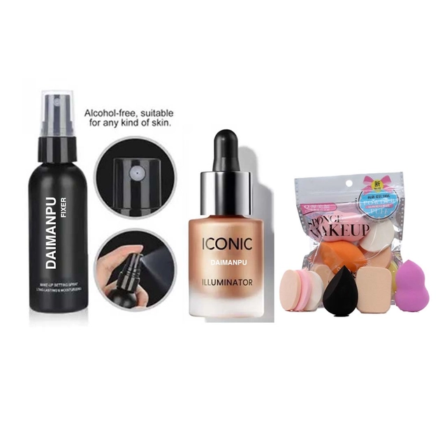 Combo of Fixer, Beauty Blenders & Liquid Shimmer Illuminator for Women (Multicolor, Set of 3)