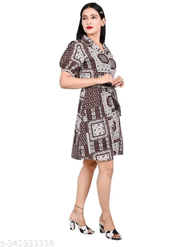 Crape Dress for Women (Brown, S)