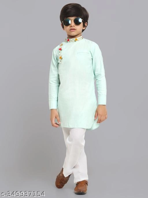 Cotton Blend Kurta with Pyjama for Boys (Green & White, 12-18 Months)