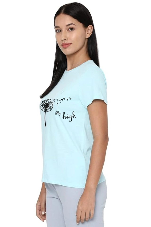 Round Neck Printed T-Shirt for Women (Aqua Blue, S)