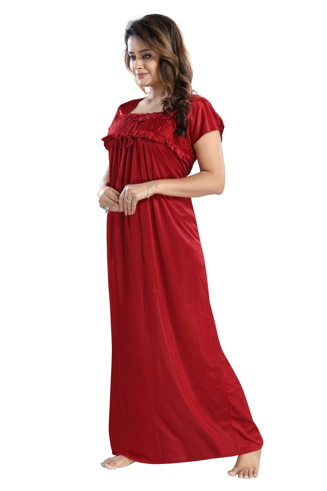 Satin Feeding Nighty for Women (Red, Free Size)