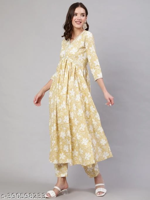 Mulmul Printed Anarkali Kurti with Pant & Dupatta for Women (Yellow, S)