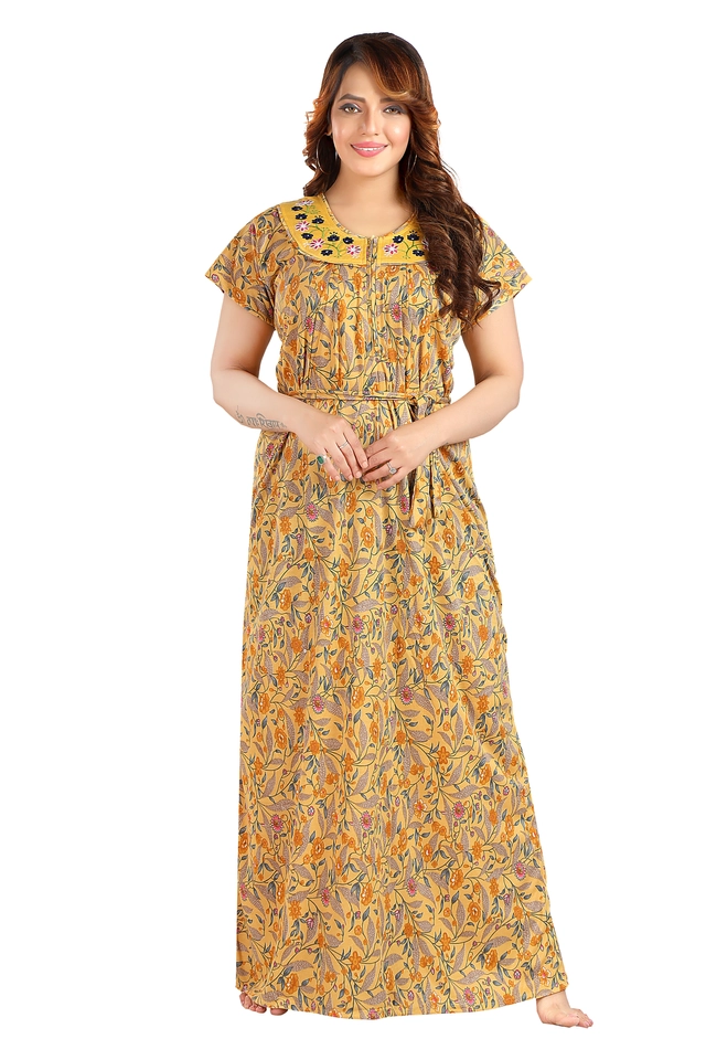 Hosiery Printed Nightdress for Women (Yellow, M)