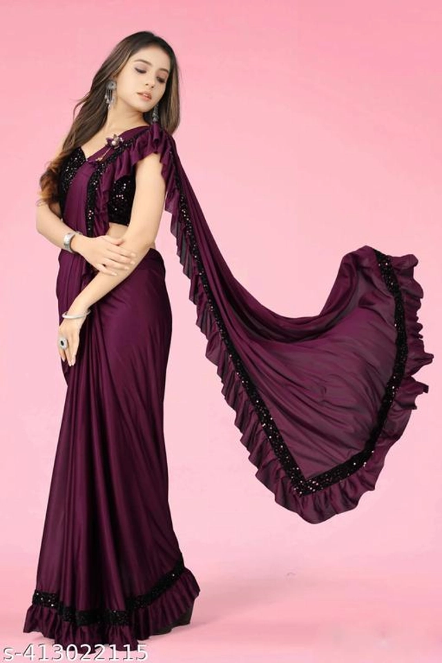 Solid Fancy Saree for Girls with Blouse (Wine, 3-4 Years)