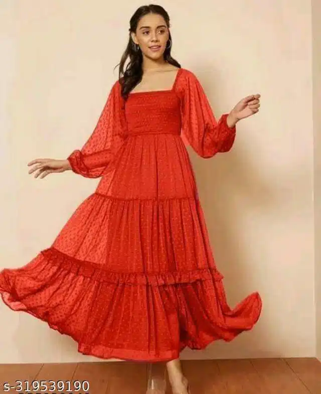 Crepe Full Sleeves Dress for Women (Red, S)