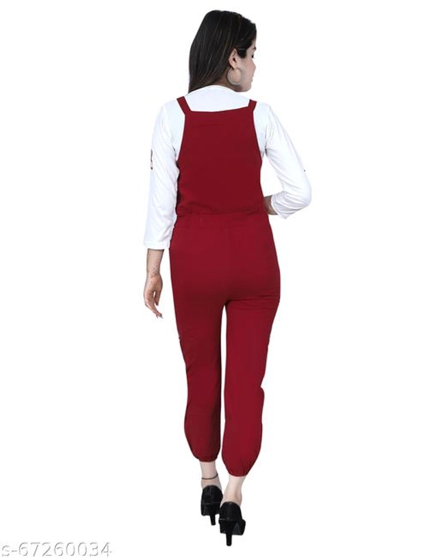 Cotton Blend Solid Dungaree for Women & Girls (White & Maroon, S)