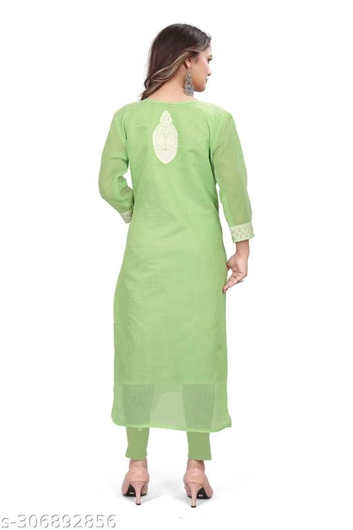 Cotton Embroidered Kurti for Women (Green, L)