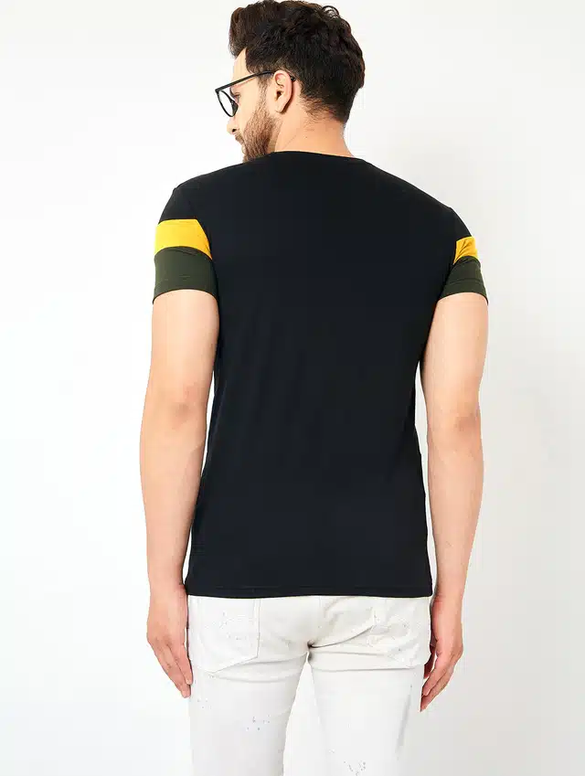 Men's Color Blocked Casual T-shirt (Black, L)