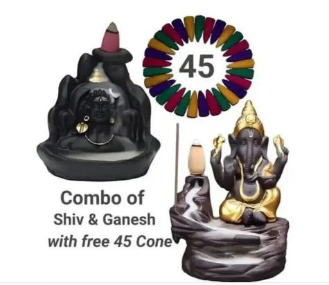 Combo of Handcrafted Adiyogi Mahadev & Ganeshji Backflow Incense Cone Holder with Free 45 Pcs Cones (Multicolor, Set of 3)