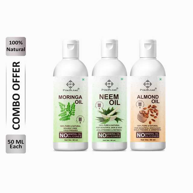 Puriflame Pure Moringa Oil (50 ml), Neem Oil (50 ml) & Almond Oil (50 ml) Combo for Rapid Hair Growth (Pack Of 3) (B-11842)