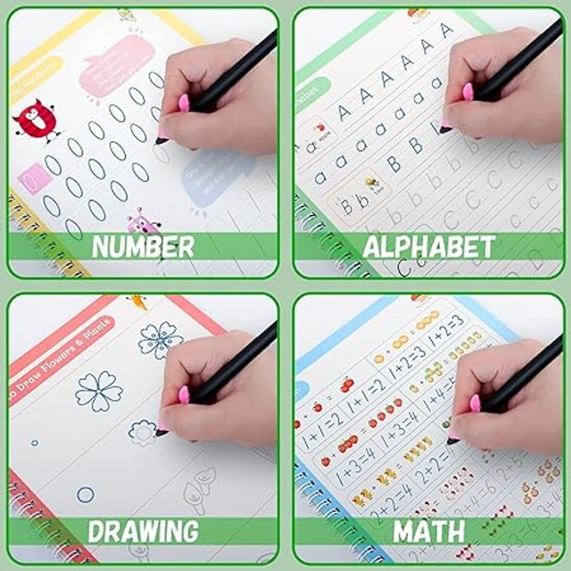 Practice 4 Pcs Copybook with 10 Pcs Refill, Pen & Grip for Kids (Multicolour, Set of 1)