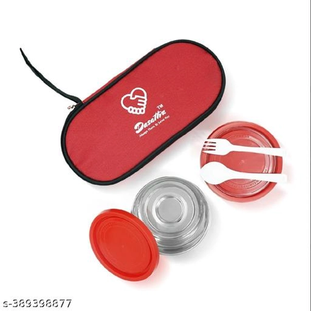 Stainless Steel 3 Container Lunch Box with Bag (Red, Set of 1)