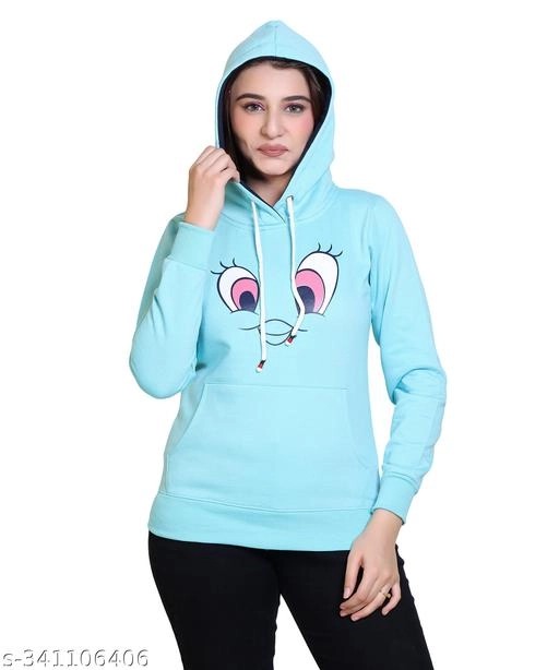 Fleece Printed Hoodie for Women (Aqua Blue, M)