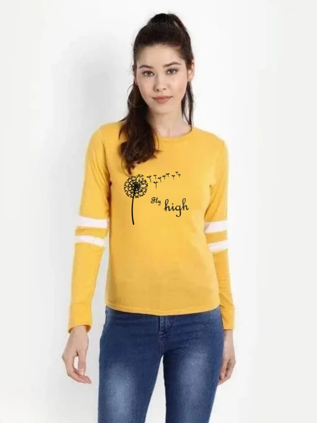 Round Neck Full Sleeves Printed T-Shirt for Women (Yellow, S)