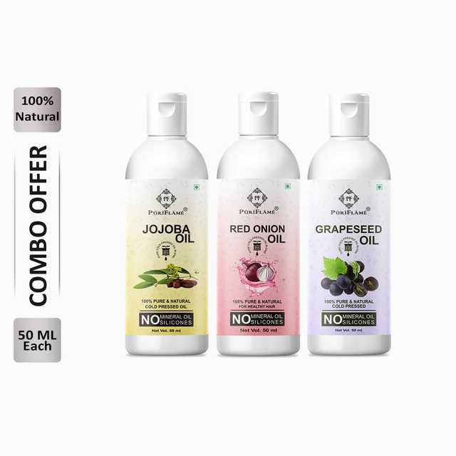Puriflame Pure Jojoba Oil (50 ml), Red Onion Oil (50 ml) & Grapeseed Oil (50 ml) Combo for Rapid Hair Growth (Pack of 3) (B-11594)