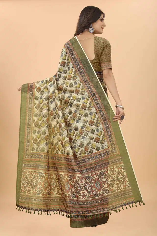 Cotton Linen Saree for Women (Beige, 6.1 m)