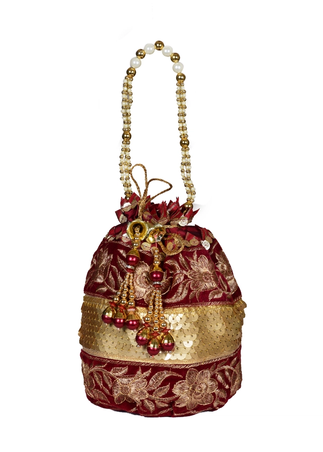 Silk Floral Ethnic Rajasthani Traditional Work Potli with Handle for Return Gifts (Red & Gold)