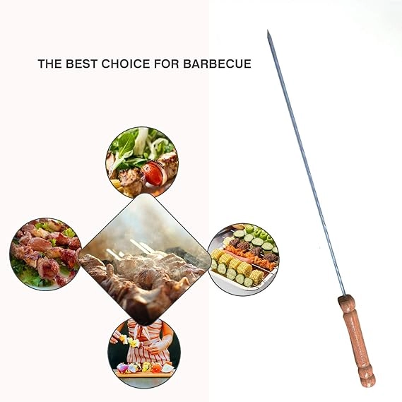 Stainless Steel Barbecue Skewers with Wooden Handle (Brown & Silver, 12 inches) (Pack of 12)